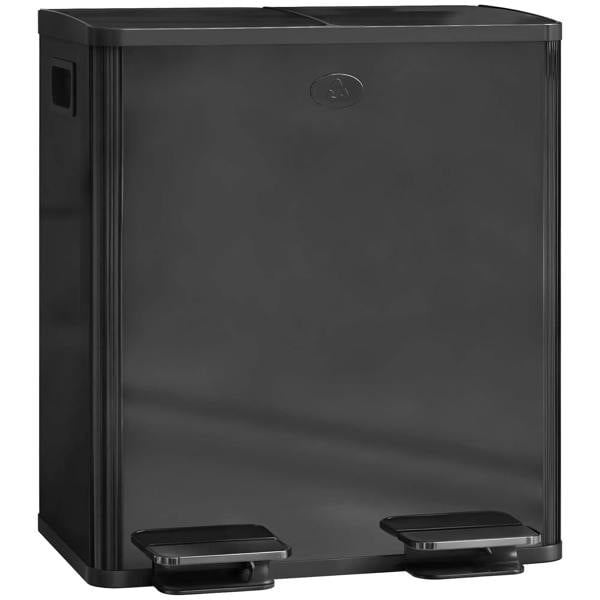 Glossy black dual-compartment stainless steel bin with two front swing lids