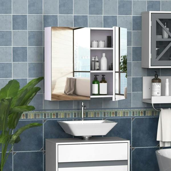 White bathroom wall storage cabinet with double doors and open three-tier shelves above sink
