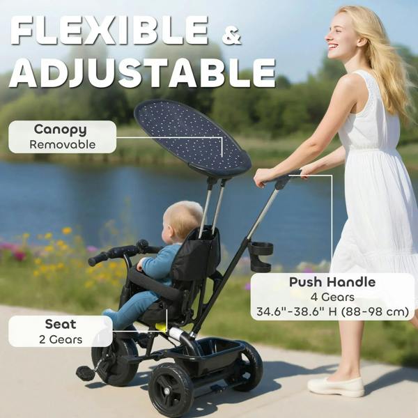 Dark blue kids tricycle with removable canopy and adjustable push handle, 5-point harness