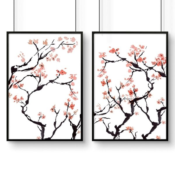 Cherry blossom wall art for home office | Set of 2 wall art prints