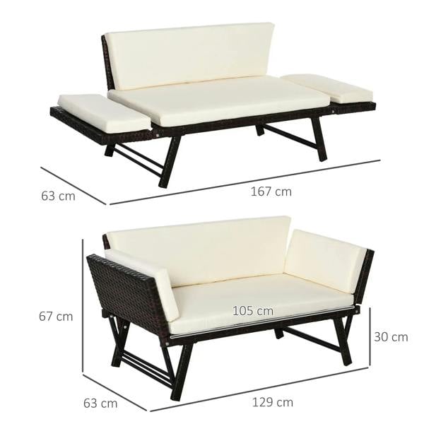 Cream-cushioned brown rattan daybed sofa with armrests and seat dimensions shown