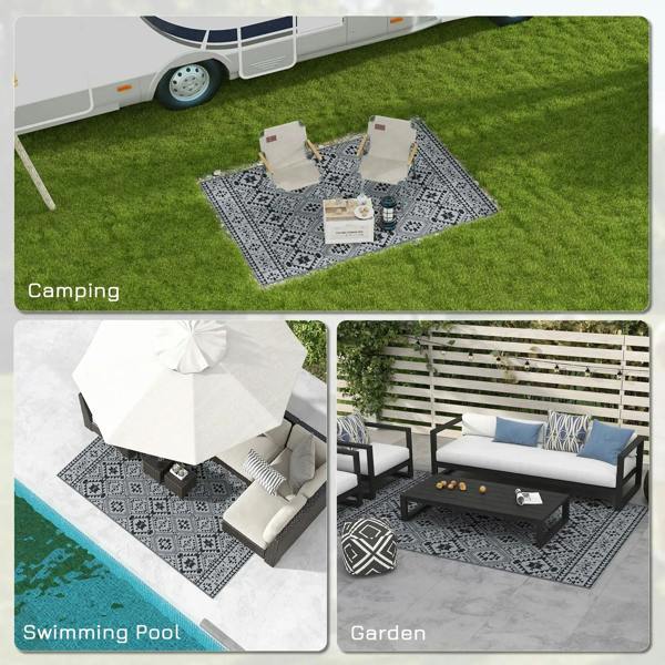 Black and grey outdoor rug used for camping, poolside, and garden seating