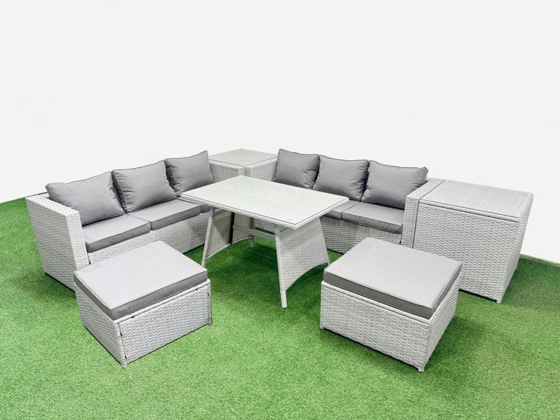 Fimous Rattan Garden Furniture Dining Set 8 seater Patio Rectangular Table 3 Seater Sofa Set with 2 Side Tables 2 Big Stools Light Grey