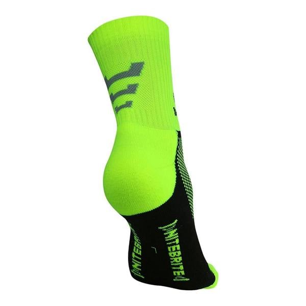 Single fluro green Nitebrite cycling sock, rear view with black footbed and Nitebrite print - Optimum