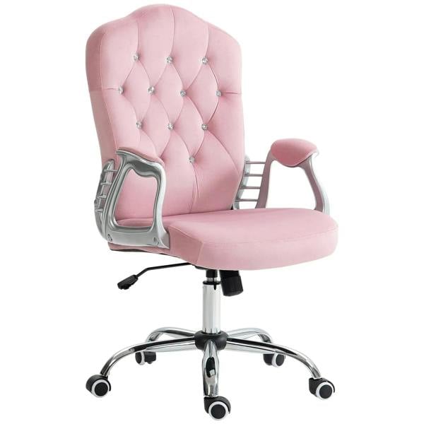 Pink velvet-feel work chair with diamante back, padded arms and chrome swivel base