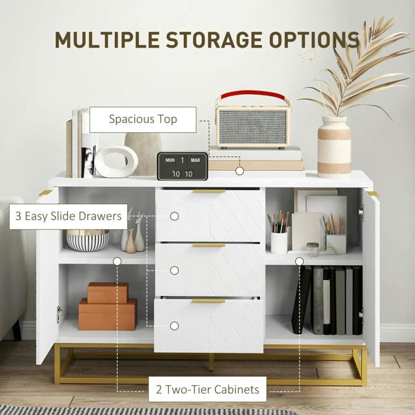 White sideboard cabinet with open compartments, 3 drawers, interior shelves, gold trim.