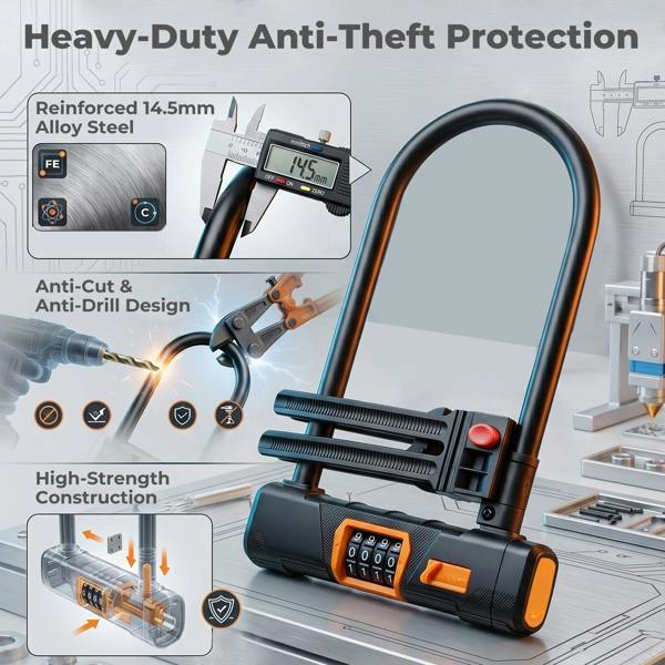 Bike Lock Combination D Lock with Cable 4 Digit Alloy Steel Black Orange