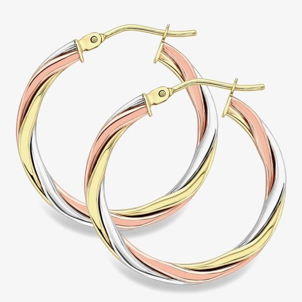 T. H. Baker 9ct Three Colour Gold 20mm Twisted Hoop Earrings ER526