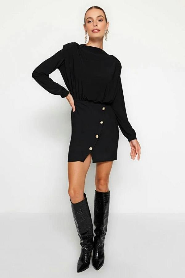 WOVCOR Button Detailed Mini Woven Dress with Padded Shoulder Pads