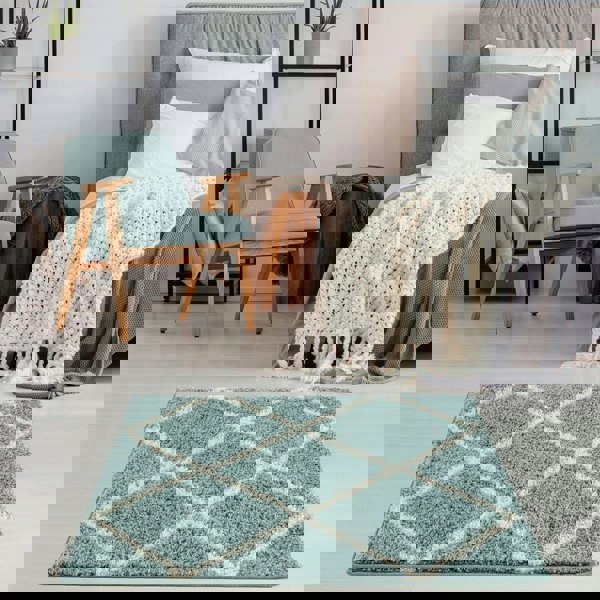 Diamond Design Thick Shaggy Area Rugs Duck Egg Blue