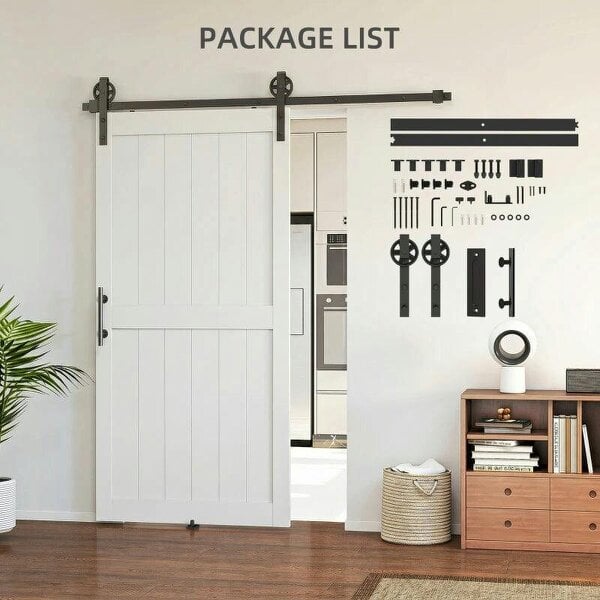 213.4cm Sliding Barn Door Kit, Sliding Door with Track, Hardware, Upgraded Rollers and Floor Guide, Handle, White