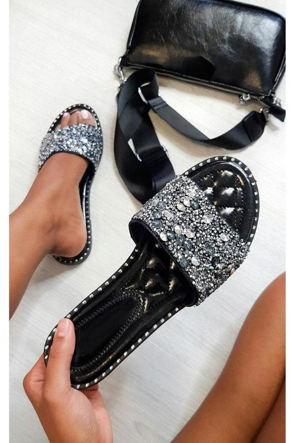 Sofie Embellished Slip On Sandals - Black