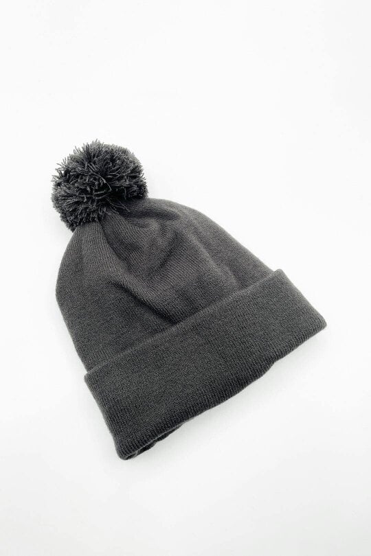 SVNX Pom Pom Beanie Hat & Textured Knit Gloves Set in Grey
