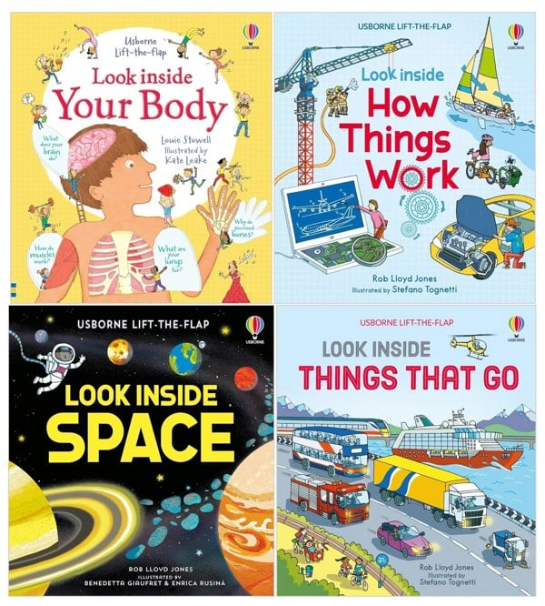 Usborne Lift-The-Flap Look Inside Series 4 Books Set (Your Body, Space, Things That Go, How Things Work)