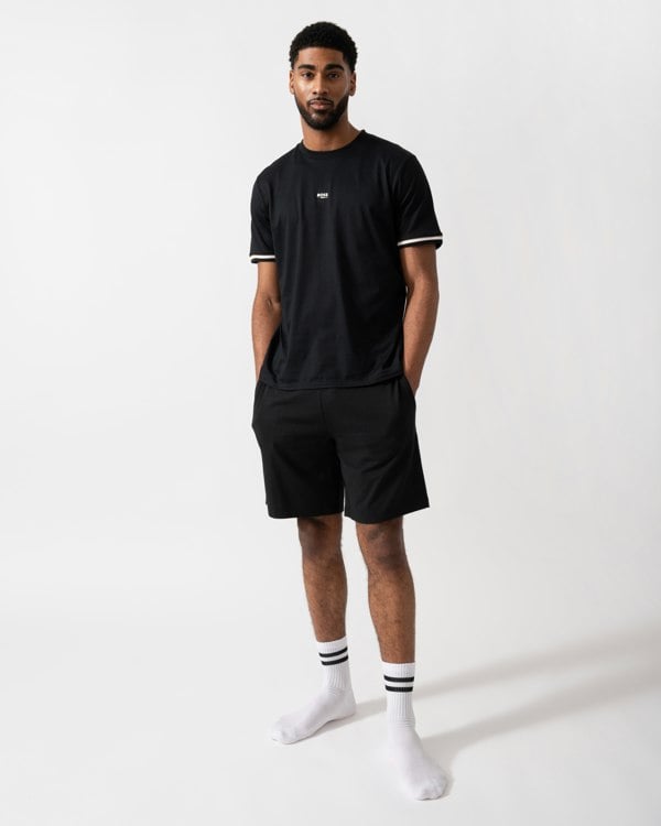 full length shot of a Model wearing HUGO Ray Mens Pyjama Shorts in Black