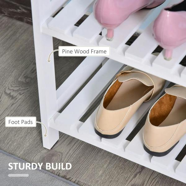 White shoe rack with pine wood frame, slatted shelves, and foot pads