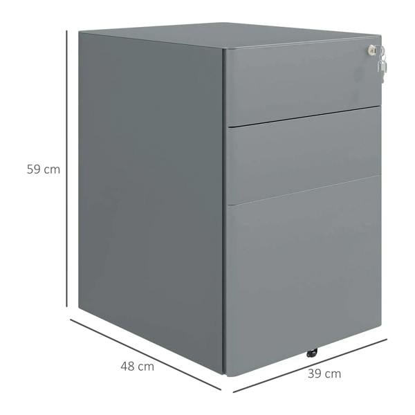 Grey 3-drawer rolling lockable filing cabinet shown with dimensions on sides
