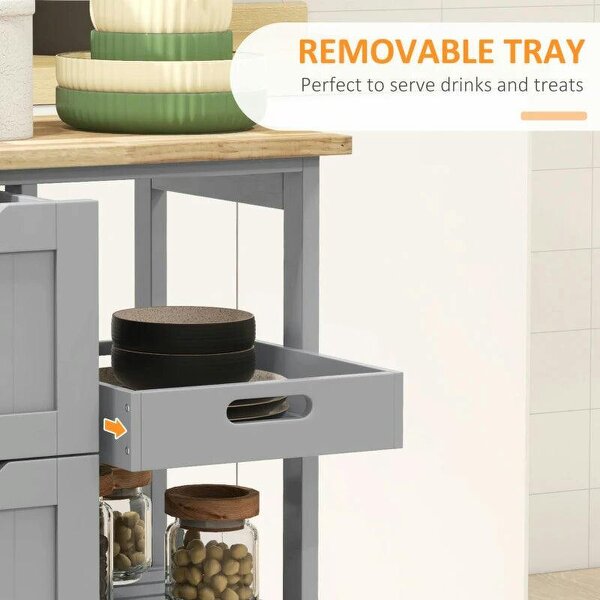 Rolling Kitchen Island Cart, Bar Serving Cart, Compact Trolley on Wheels with Wood Top, Shelves & Drawers, Grey