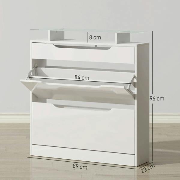 White shoe storage cabinet with open flip doors, visible shelves, and slide-out drawer area