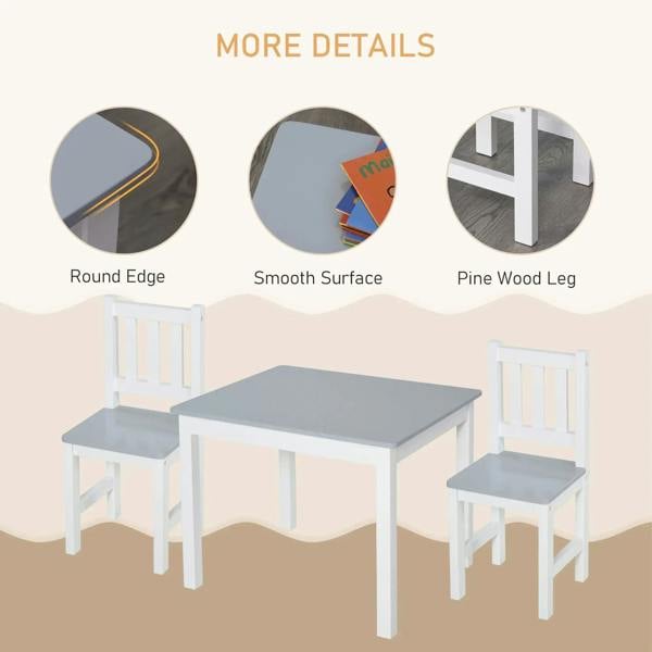 Grey-topped kids table with two white slat-back chairs and smooth surfaces