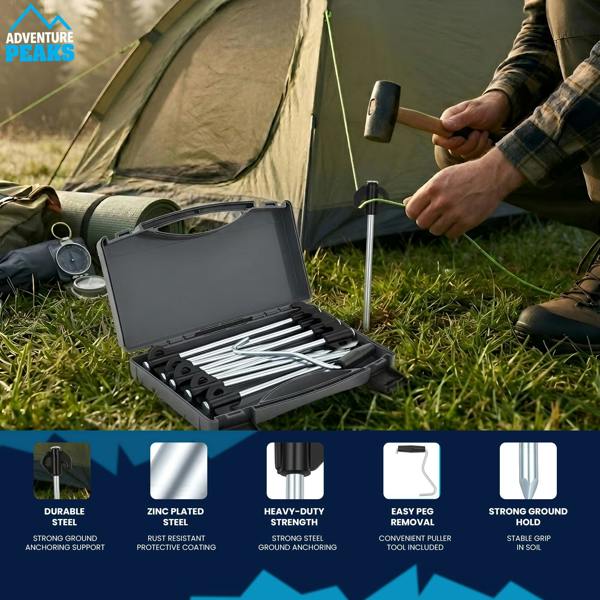 Adventure Peaks Steel Tent Pegs - Set of 20 Zinc Plated Metal Ground Pegs with Peg Puller, Strong Camping & Gazebo Pegs