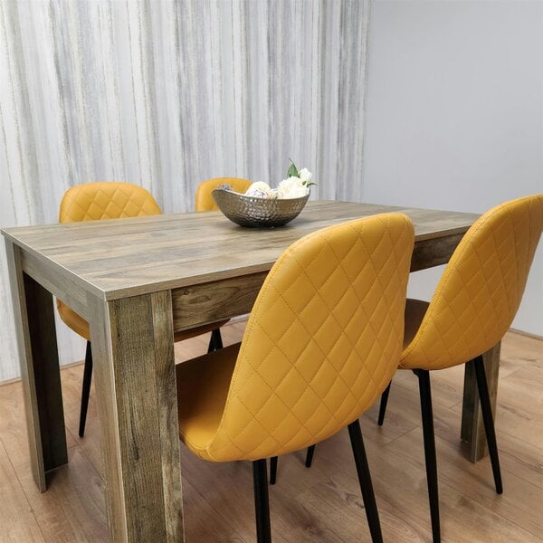 Kosy Koala Dining Table and 4 Chairs Rustic Effect Table with 4 Mustard Gem Patterned Chairs