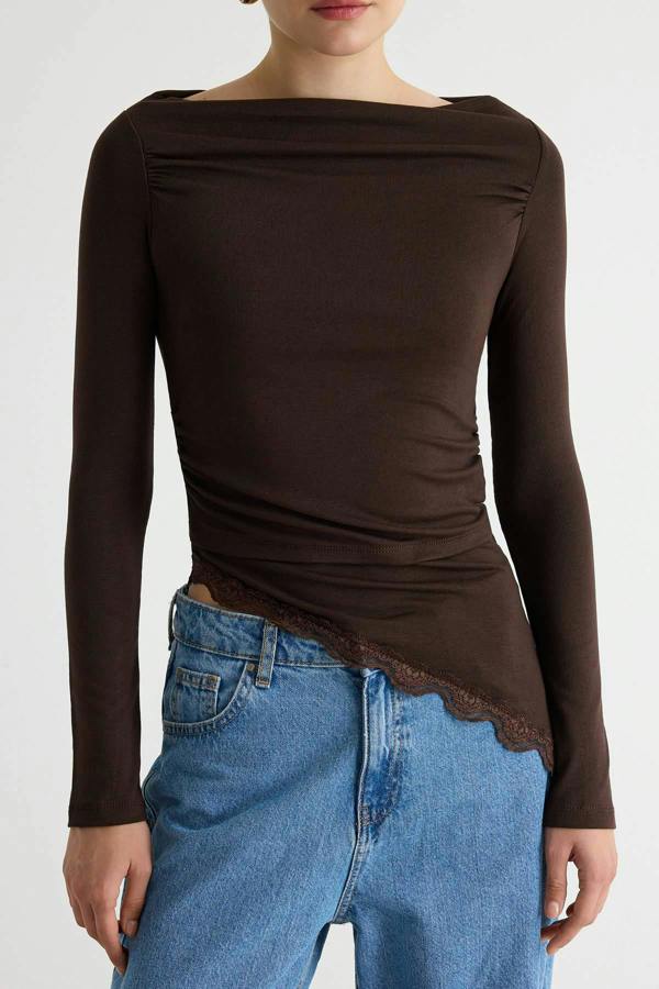 WOVCOR Fitted Boat Neck Long Sleeve Lace Detail Ribbed Blouse