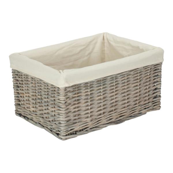 Medium Grey Wash White Cotton Lined Willow Storage Baskets