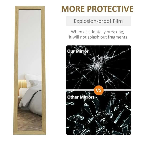 Full-length mirror with light natural wood frame and protective film design