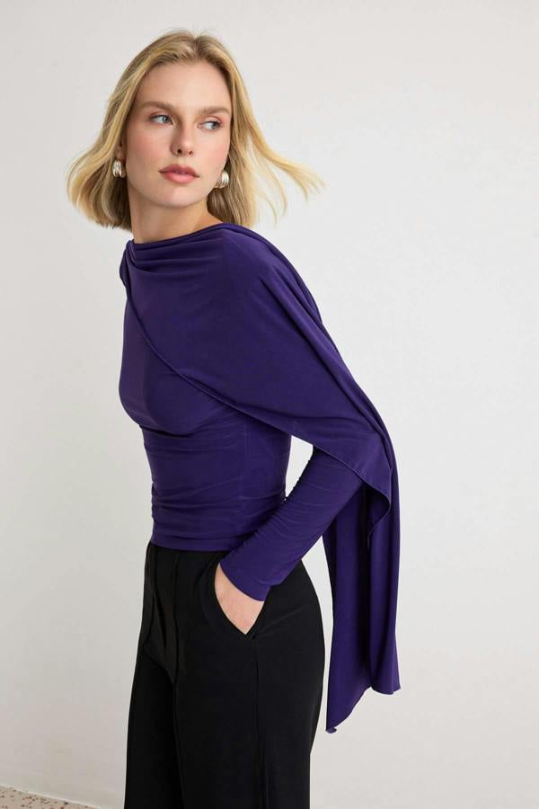 WOVCOR Fitted Boat Neck Cape Detail Long Sleeve Blouse