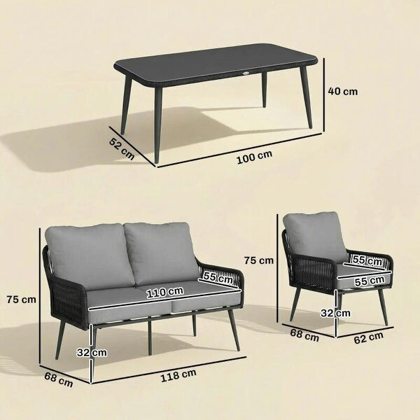 Rattan Garden Furniture Set, 4 Piece Outdoor Patio Furniture with Tempered Glass Table and Chairs, Indoor Balcony Conservatory Set