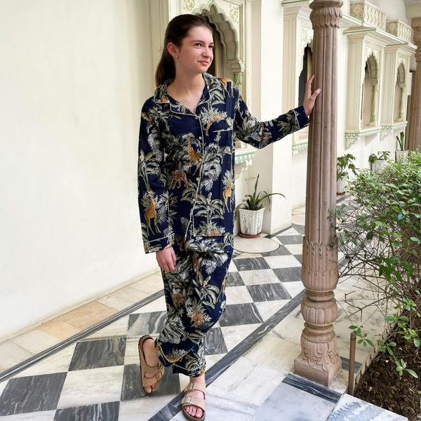 Hayley & Co Giraffe Print 100% Cotton Long Pyjama Set in Dark Blue