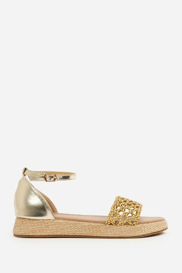 Where's That From Shia Braided Strap Espadrille Flatform  With Buckle Ankle Strap in Gold Metallic