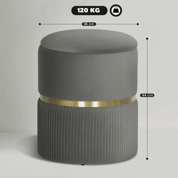 Grey storage ottoman with round lid and ribbed sides, gold-tone band; 36 cm wide