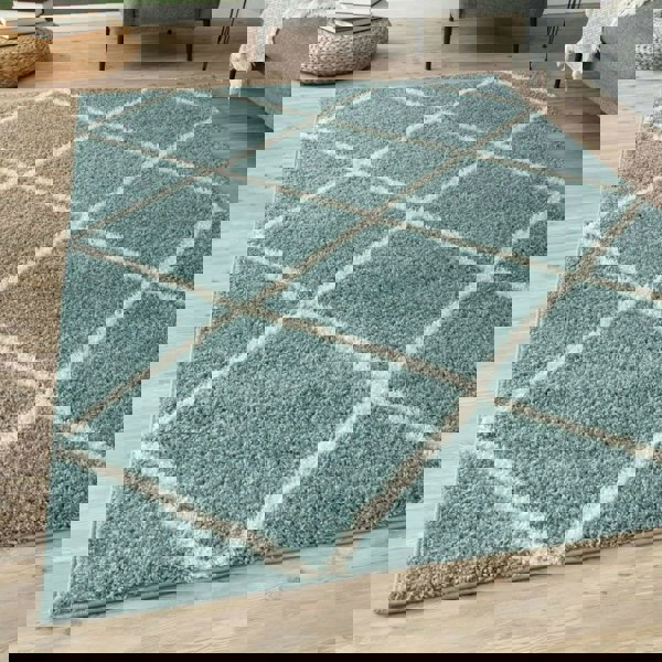 Diamond Design Thick Shaggy Area Rugs Duck Egg Blue