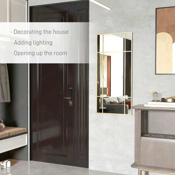 Gold-tone grid wall mirror with rectangular frame and reflective glass panels.