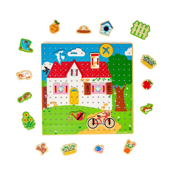 Bigjigs Toys Wooden House Lace-A-Shape Game - 30 Geometric Shape Lacing Cards & 6 Laces