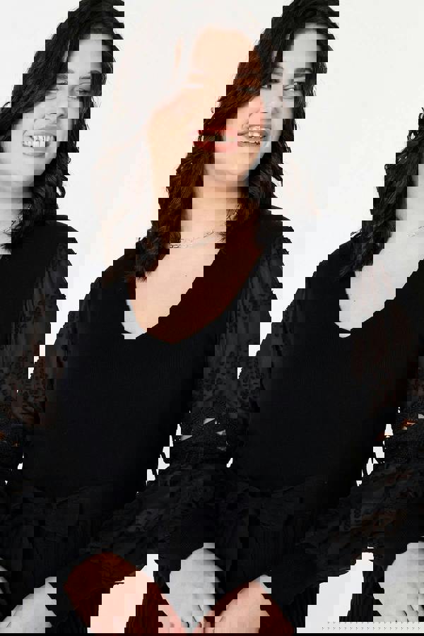 Black | Curve Pleated Lace Puff Sleeve Midi Dress