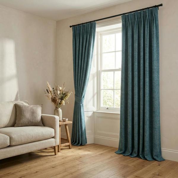 Toulouse made-to-measure curtains in Ocean, styled in a living room