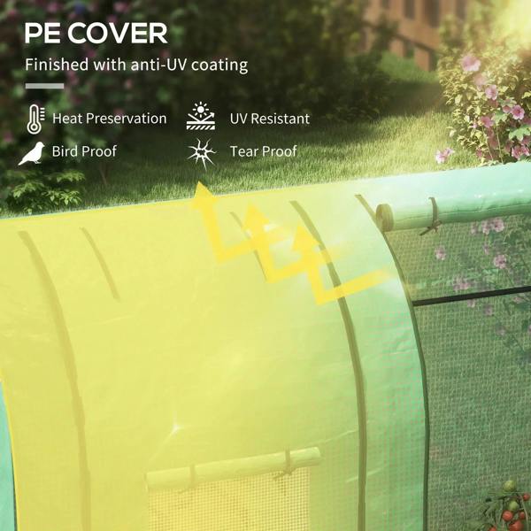 Green greenhouse PE cover over a mesh frame with roll-up door opening