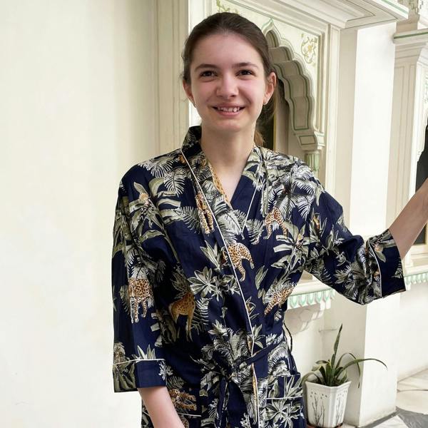 Hayley & Co Giraffe Print 100% Cotton Dressing Gown in Dark Blue