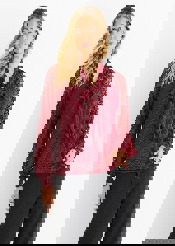 Gini London Burgundy Animal Lace Neck Tie Detail Blouse