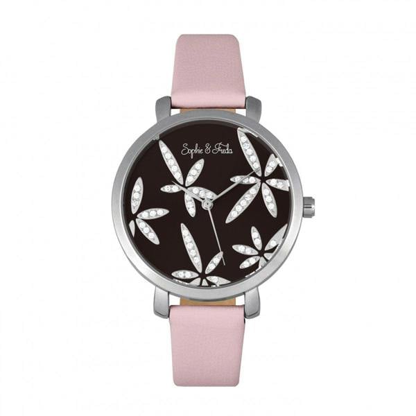 Sophie & Freda Key West Leather-Band Watch w/Swarovski Crystals - Silver/Mauve - SAFSF4303