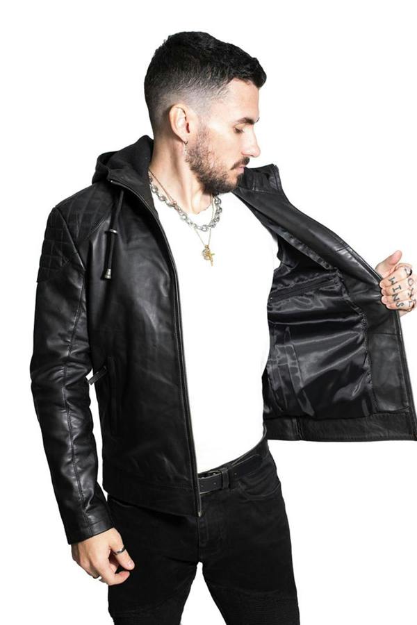 Infinity Leather Mens Retro Hooded Leather Bomber Jacket-Zaria