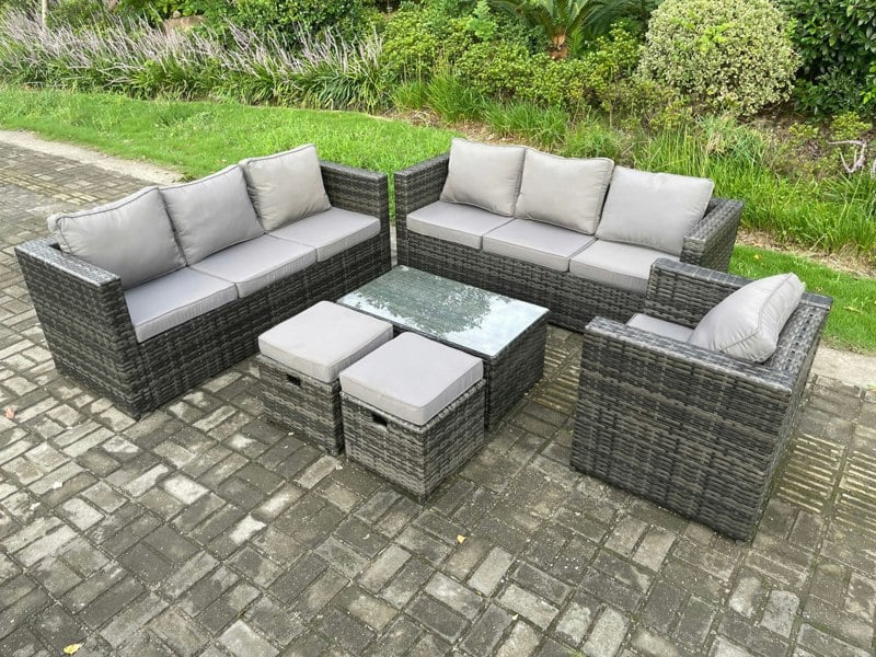 Fimous Wicker PE Rattan Sofa Set Outdoor Patio Garden Furniture with Armchair Oblong Coffee Table 2 Small Footstools Dark Grey Mixed