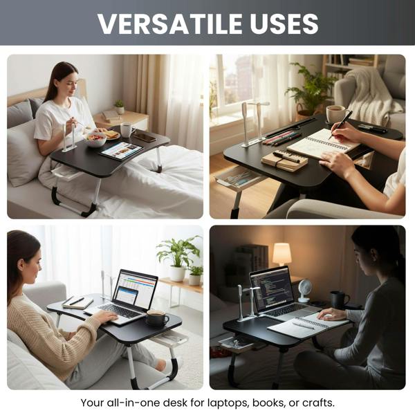 LKH HOME COLLECTION LKH Foldable Laptop Table-USB Hub,Fan LED Light&Side Drawer-60×40×28 cm Portable Bed Tray-Drink Holder, for Bed, Sofa