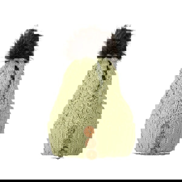 Aran Diamond Cable Button Hat Fisherman Stitch Pom Pom Hat | Chunky Rib Knit with Faux Fur Pom Pom