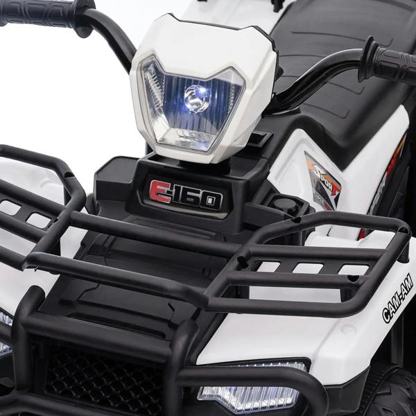 Front detail of kids quad bike with lit headlight, E160 badge, and protective front rack.