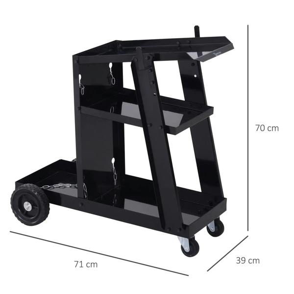 Black welding cart trolley with multi-tier rack, safety chains, and caster wheels