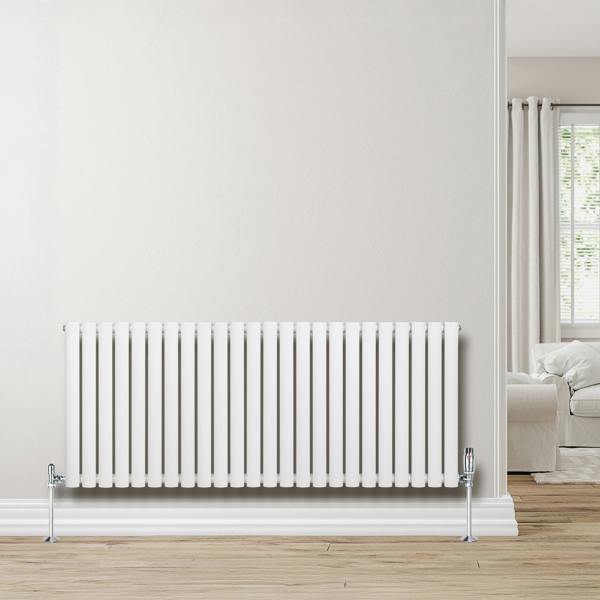 Sleek white oval single column radiator with valves, 600mm x 1440mm, mounted on a light wooden floor against a neutral wall